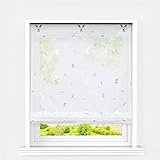 Heichkell Raffrollo mit Ösen Voile Moderne Raffgardine ohne Bohren Kleinfenster Gardine Küche Glänzende Schmetterling-Dekomuster Weiß BxH 80x130