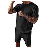 Hirolan Herrenhemden Kurzarm Freizeit Schwarze Hemdjacke Top Spitze T-Shirt Rundhals Tops Shorts Karierter Zweiteiler Anzug Herren Freizeithemd Hemd In Hose lauschig