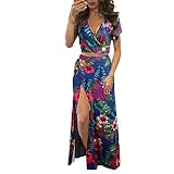 Damen Sexy Zweiteiliges Kleid Maxikleid V-Ausschnitt Kurzarm Strandkleid Blumendruck SchnüRung Mit Schlitz Freizeitkleid Dress Set (L,Blau)