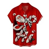 Saclerpnt Weihnachten Kurzarmhemd Herren 3D Funky Shirt Button Down Hemd Weihnachten Druck Freizeithemd Christmas Tops(Rot,M)