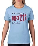 Comedy Shirts - Es wird eh Halli Galli - Damen T-Shirt - Hellblau/Lila-Fuchsia Gr. XS