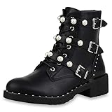 SCARPE VITA Damen Stiefeletten Schnürstiefeletten Leder-Optik Boots Leicht Gefütterte Schuhe Profilsohle Kurzschaft-Stiefel Zierperlen 167973 Schwarz 38