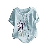 Tuniken Leinen Mädchen Top Mode Blusen Casual Rundhals Shirt Oversize T-Shirt Herbst Kleidung Damen Leinen T Shirt Blau #68 M