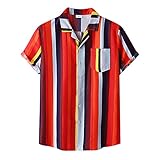 cderfv Short Splice Herren Hemd Casual Sleeve Umlegekragen Hemd Streifen Knopf Männer Hemden Mode, rot, XXL