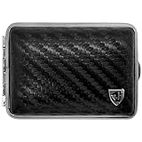 Pillendose Etui Echtleder, Handmade in Germany, mit Pillenbox Einsatz - klein und handlich, Nickel Rahmen mit Echtleder Carbon mit Emblem, ideal für Tabletten, Tabak, Schnupftabak, Schmuck