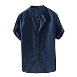 BOLANQ Männer Tops, Herren Baggy Baumwolle Leinen Solide Kurzarm Knopf Retro T Shirts Tops Bluse（Small，Marine）