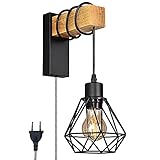 BarcelonaLED Wandleuchte, Vintage, Industrie, Holz und Käfig, mit Schalter und Stecker, E27, LED, Schw