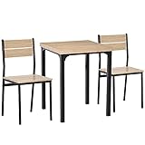 HOMCOM 3-teilige Essgruppe Sitzgruppe Esstisch Set Holztisch MDF + Metall Naturholzmaserung + Schwarz mit 1 Tisch + 2 Stü