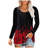 LLLPPP Damen-T-Shirt, Rundhalsausschnitt, plissiert, Blumenmuster, langärmelig, einfarbig, T-Shirts, Tops, legere Pullover, lockere T-Shirt, Übergröße, Bluse, Sweatshirts, rot, X-Larg