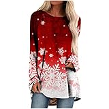 Damen Oberteile T-Shirts Tops, Bluse Casual Mode Damen Schneeflocken-Druck Langarm Oberteile, Frühling Lange Blusen, Herbst Blusen & Tuniken Rundhals Langarm Blusentop(Rot,L)