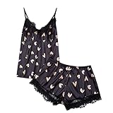 GODKS Sling Pyjamas Sets Damen Camisole Shorts Nachtwäsche Sexy Leopard Sleepwear Ärmellos Dessous Rückenfrei V-Ausschnitt Spitzenbesatz Satin Cami Top S