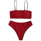 ZAFUL Damen Bikini Set, Texture Bandeau Bikini Set mit Gepolsterter High Cut Sexy Badeanzug (Rot-M)