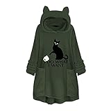 Damen Verdicken Hoodie Fleece Stickerei Katze Ohr Drucken Sweatshirts Wintermantel Kapuzenjacke mit Taschen Tops Sweater Bluse, armee-grün, 52