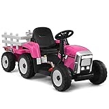 COSTWAY 12V 3-Gang Traktor mit abnehmbarem Anhänger und 2,4G Fernbedienung, Kinder Aufsitztraktor mit LED Lichtern, Musik, Hupe, Bluetooth & USB Funktionen, geeignet für Kinder ab 3 Jahren (Rosa)