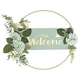 YARNOW Willkommen Schild Welcome Türschild Wandschild Künstliche Eukalyptus Kranz Blume Metallring Kranz Osterdeko Frühling Deko Garten Türhänger Türdeko Buchstaben Begrüßung Wanddek