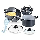 Genius Cerafit Magic Pot Kochtopf-Set 6tlg. 20cm + 24cm - Topf 3,7l + 6,3l mit Siebeinsatz & Glasdeckel für einfaches Kochen, Abgießen & Servieren | Nudeltopf für alle H