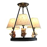 FREENN Vintage Stoff Kronleuchter 3 Flammig Kinderzimmer LED Pendelleuchte mit Textil Schirm Retro Landhausstil Kinderlampe Schlafzimmer Junge Mädchen Deckenleuchte, E14, Dreifarbig,Schw