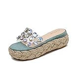 Damen Plateau Sandalen Bohemia Slipper für Damen Peep Toe Espadrille Strass wasserdichte Schuhe, blau, 38 EU