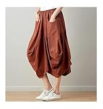 HNXMJ Rock Casual Plaid Pocket Multicolor Falten Rock Knielangen Natürliche Komfortable Damen Rock Leinenhose (Color : Brown, Größe : One Size)
