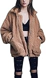 Damen Mantel Casual Revers Fleece Fuzzy Faux Shearling Zipper Mäntel Warm Winter Oversized Outwear Jacken, khaki, 42