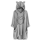 Lazzboy Kapuzenpullover Frauen Druck Katzen Ohr Mit Kapuze Langärmliges Unregelmäßiges Spitzenblusen Hemd Damen Lang Oversize Hoodie Pullover Sweatshirt(Grau,XL)