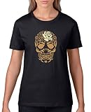 Comedy Shirts - Totenkopf Blume - Damen T-Shirt - Schwarz/Hellbraun-Beige Gr. S