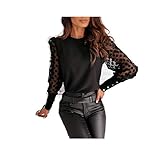 Damen Langarmshirt Bluse mit Rundhals Spitze Punkte Transparent Aushöhlen Gaze Puffärmel Lässiges Hemd, Elegant Langarm Tunika Mesh Puffärmel Tops Oberteile S