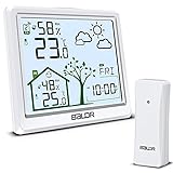 Wetterstation Funk mit Außensensor, Groß Digital Funkwetterstation Thermometer Hygrometer Innen Außen, Raumthermometer Feuchtigkeit mit Wettervorhersage, Uhrzeit, Temperatur, Wecker Funktion (Weiß)
