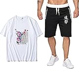 Tomwell Herren A_ttacke On Titan T-Shirt und Kurze Hose Set Ackermann AOT Scouting Legion Aufklärungstrupp Anime Cosplay Tops Sweatpants Trainingsanzug Sportswear Set Weiß 1 XXL