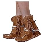 Geilisungren Fransen Stiefeletten Flache Schuhe Für Damen Elegant Geschlossen Stiefeletten Keilabsatz Schuhe Retro Herbst Winter Western Stiefel Vintage Schlupfstiefel Ankle Boots Cowboy S