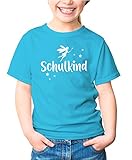 MoonWorks® Kinder T-Shirt Mädchen Schulkind Zauber-Fee Zauberstab Sterne Geschenk zur Einschulung Schulanfang türkis 122-128 (7-8 Jahre)