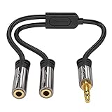 KabelDirekt – 3,5-mm-Y-Adapter & Klinken-Splitter & AUX-Verteiler (1×3,5-mm-Stecker auf 2×3,5-mm-Buchse, Zwei Kopfhörer an EIN Smartphone/Tablet/Notebook anschließen, Stereo, 10 cm, schwarz)