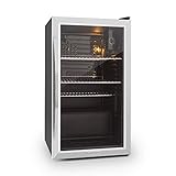 Klarstein Beersafe - Minibar, Mini-Kühlschrank, Getränkekühlschrank, leise, 42 dB, Edelstahl, Flaschenkühlschrank mit Glastür, 5-stufiger Temperaturregler, Bierkühlschrank 85 Liter, Silber-schw