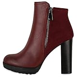 VAN HILL Damen Stiefeletten Plateau Ankle Boots High Heels-Boots Zipper Holzoptikabsatz Schuhe 610426 Dunkelrot 40