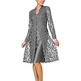 Ansenesna Kleid Damen Festlich Hochzeit Knielang Elegant Abendkleider Frauen Ärmellos Kleider und Spitze Cardigan Zweiteilig (Grau,XXXL)