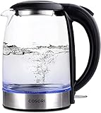 COSORI Wasserkocher Glas mit Upgrade Edelstahl Filter und Innendeckel, BPA Frei, 1,7 Liter, Kettle mit blau LED, Trockenaufschutz, 2200 Watt, S