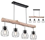 INNOVATE® Pendelleuchte Holz 4 Gitterkörbe Rund – 80cm breite Hängelampe Vintage Holzbalken Rustikal – Aluminium Gitterkorb Pendellampe schwarz 4x E27 Fassung bis 40 Watt - Retro Hängeleuchte 140