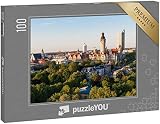 puzzleYOU: Puzzle 100 Teile „Skyline von Leipzig mit Rathaus bei Sonnenuntergang, Deutschland“