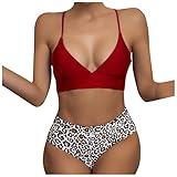 SSLLM Damen Strandbikini High Waist Bikini Set mit Schnürung Bademode für Frauen Sexy V-Ausschnitt Spaghetti Träger Zweiteiligen Badeanzug Swimsuit Mode Leopard Drucken Elegant Badebekleidung