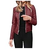 Damen Kurze Jacke Kunstlederjacke Bikerjacke mit Reißverschluss Lederjacke Frauen Full Zip Kunstlederjacke Herbst Frühling Kunstleder Motorradjack