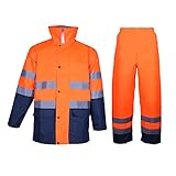 FONIRRA Herren Warnschutz Regenanzug Klasse 3 mit faltbarer Kapuze Reflektierende Sicherheit Wasserdichte Arbeitsjacke und Hose (Orange,3XL)