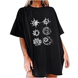 T-Shirt Damen Kurzarm, Kurzarm Casual Tops Tunika Blusen Hemd Bluse Sommershirts Damen Oberteile Sommer T-Shirt Lockere Stern und Monddruck Bluse Kurzarm T Shirts Frauen Tshirt Teenager M