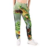 LAOLUCKY Damen Sweatpants Jogger Jersey Pants Mode Casual Sport Hose, Frosch spielen die Violine Dschungel weiß, L