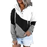 Pullover Damen V-Ausschnitt Button Down Hoodies Kordelzug mit Kapuzen Tasche Lässige Langarm Sweatshirt Kapuzenp