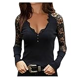 Damen Spitze Langarmshirt Spleißen Langarm Oberteil Casual Tshirt Damen V-Ausschnitt Druck Spitze Langarm Pullover Herbst Winter Bluse Tops Basic Shirt Damen Langarm Tunik