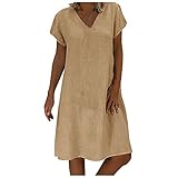 S-UN Damen Knielang Freizeitkleid LäSsig Lose Baumwolle und Leinen T-Shirt Kleid Einfarbig V-Ausschnitt Kurzarm Sommerkleid Stretch ÜBergrößE Blusenk