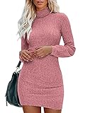 Gemijacka Pullover Damen Rollkragen Strickkleid Talliert Langarm Pulloverkleid Einteilige Sexy Minikleid für Herbst Winter Rosa M