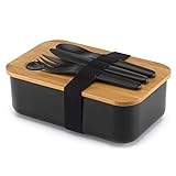 Bento Lunch Box 1000ml mit 3-teiligem Besteck-Set - auslaufsichere Lunchbox im japanischen Stil Schule & Arbeit, für Kinder & Erwachsene, BPA-frei - Box mit Bambusdeckel für den Transport von Sp