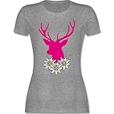 Kompatibel mit Oktoberfest Damen Trachtenshirt - Hirsch mit Edelweiß - XL - Grau meliert - Hirsch t-Shirt Damen - L191 - Tailliertes Tshirt für Damen und Frauen T-S