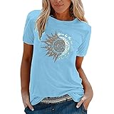 GOKOMO Sonne und Mond Grafik Tshirt Damen Kurzarm Sommer Oberteile Vintage Tie-dye Sterne Muster Lose Bluse Rundhals Shirt Elegant Teenager Mädchen Top(L,2-Hellblau)